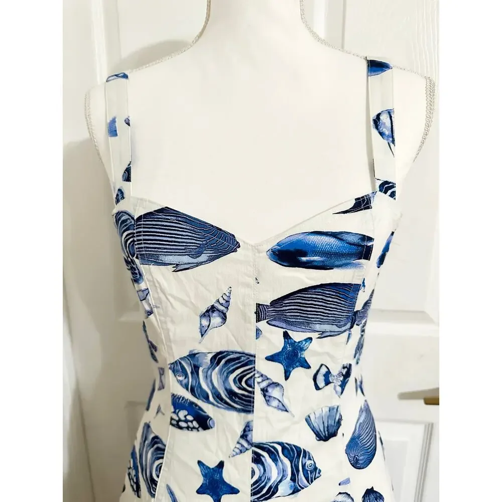Avec Les Filles Marina Dress Midi Fish Ocean Print Blue White Size 6 - Picture 6 of 14
